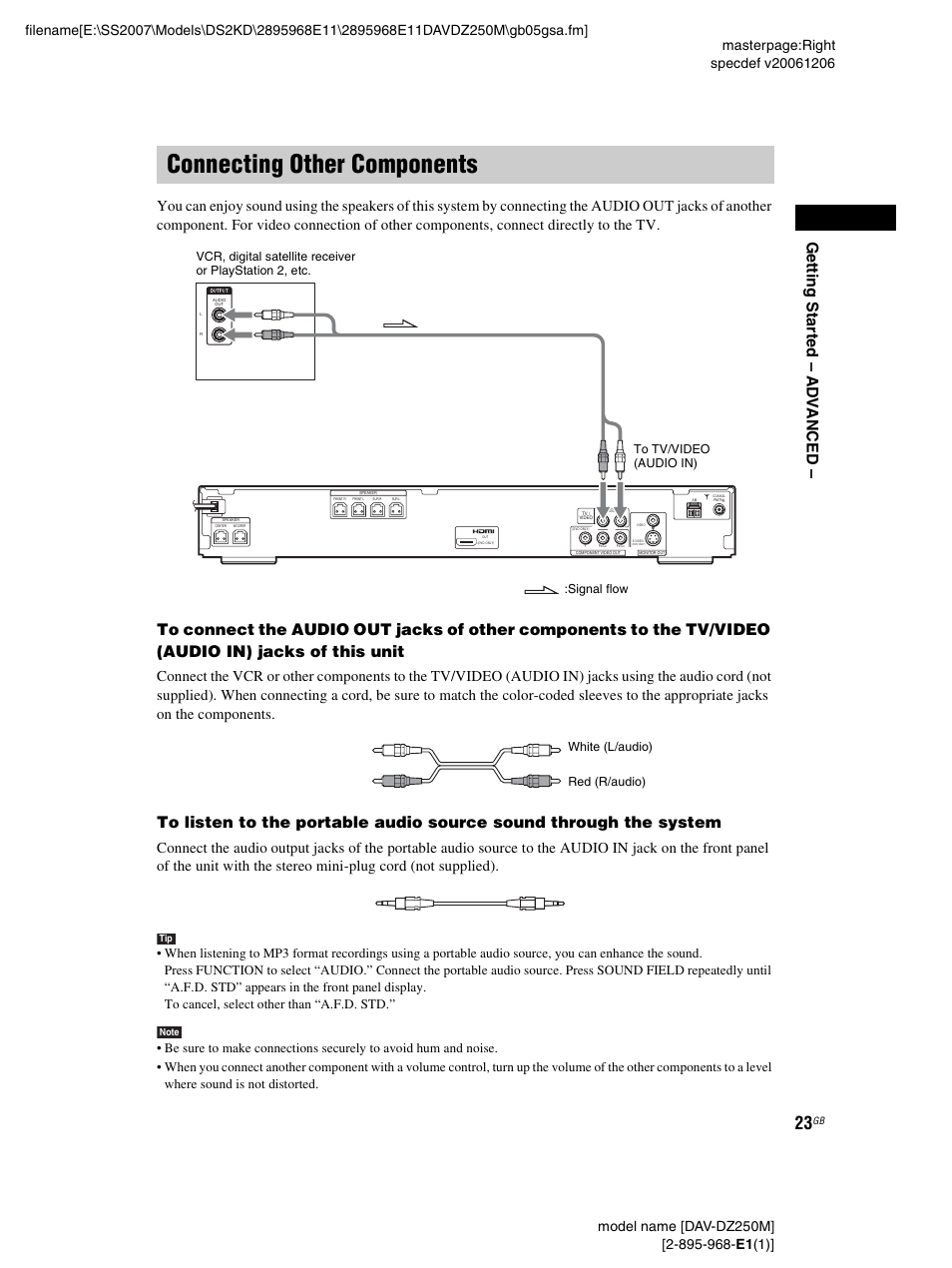 Connecting other components, Ge tting sta rte d – ad v anced | Sony DAV-DZ250M User Manual | Page 23 / 104