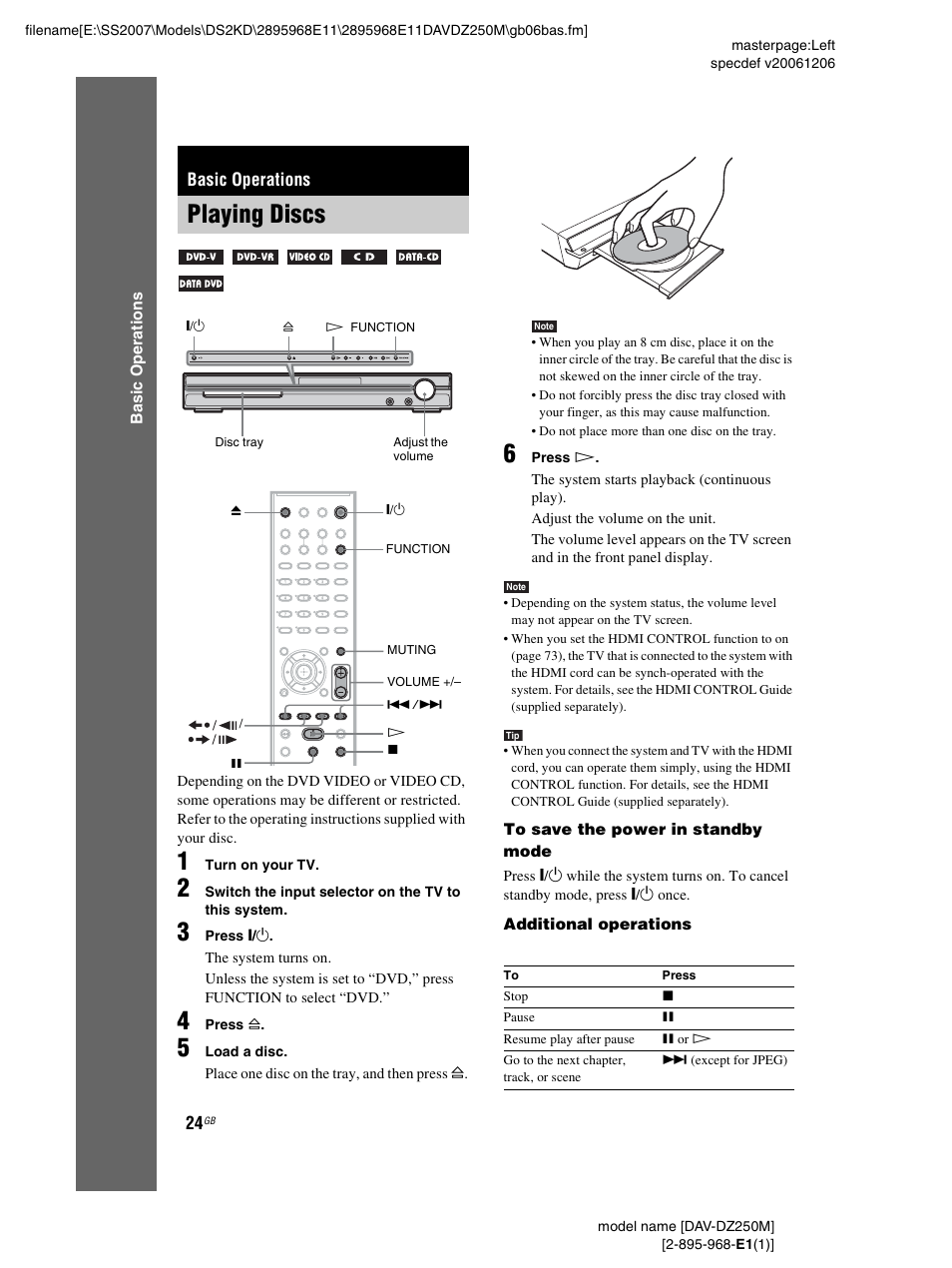 Basic operations, Playing discs | Sony DAV-DZ250M User Manual | Page 24 / 104