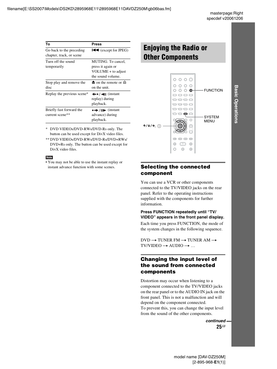 Enjoying the radio or other components, Selecting the connected component, Enjoying the radio or other | Components | Sony DAV-DZ250M User Manual | Page 25 / 104