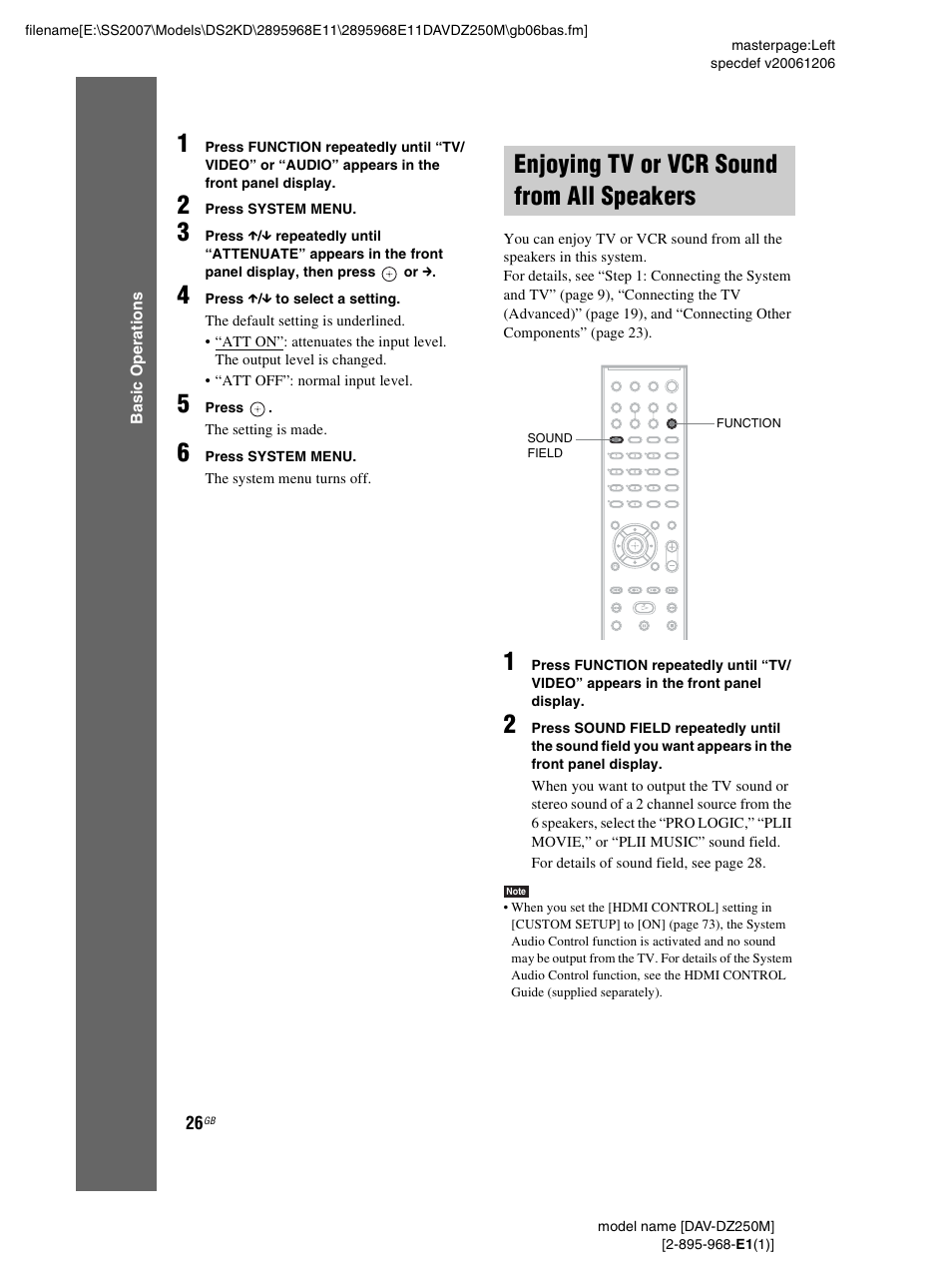Enjoying tv or vcr sound from all speakers, Enjoying tv or vcr sound from all, Speakers | Sony DAV-DZ250M User Manual | Page 26 / 104