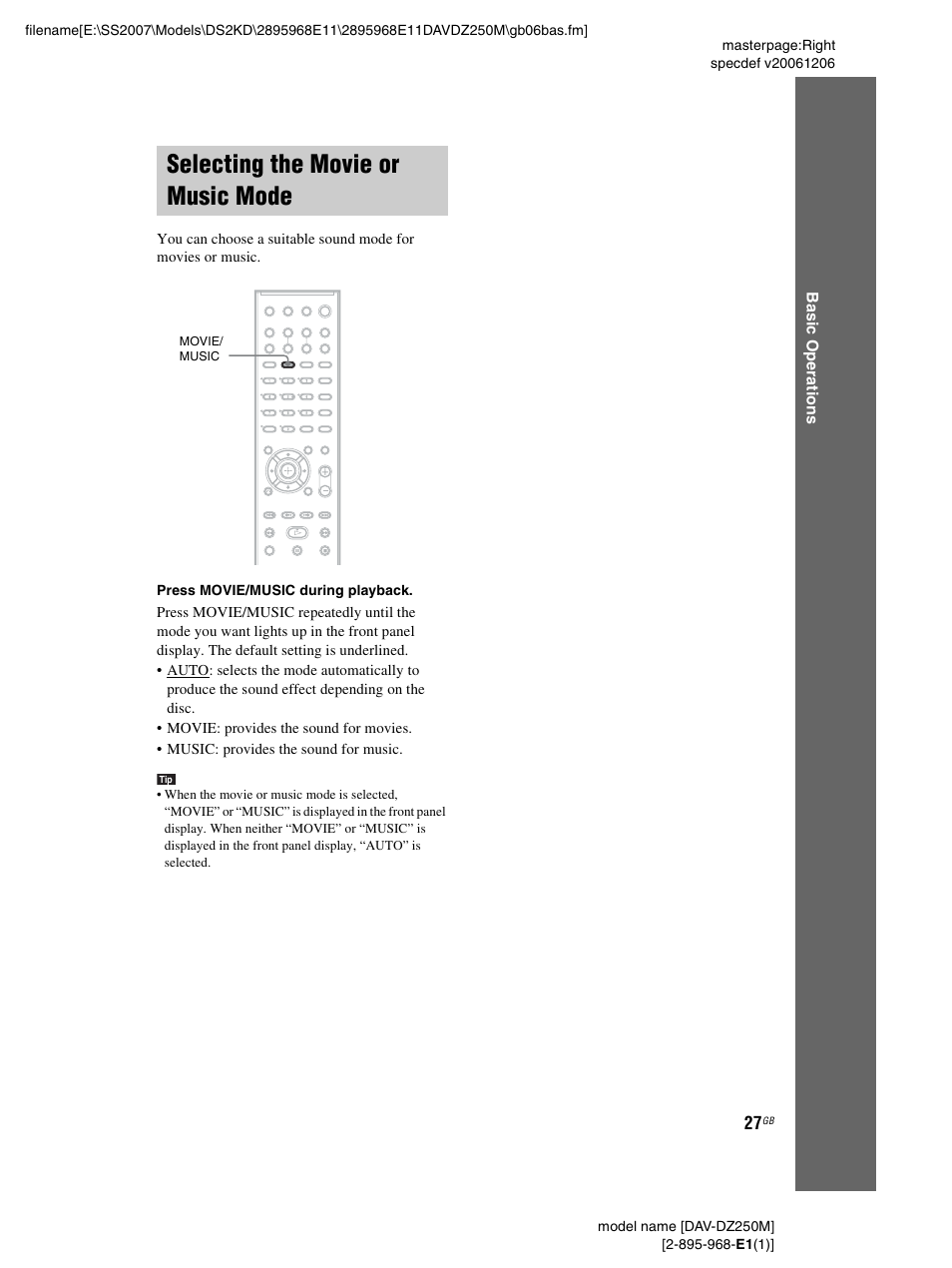 Selecting the movie or music mode, Selecting the movie or music, Mode | Sony DAV-DZ250M User Manual | Page 27 / 104
