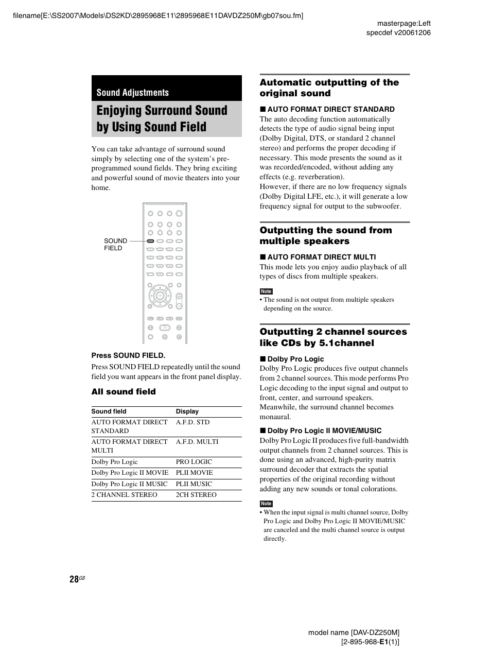 Sound adjustments, Enjoying surround sound by using sound field, Automatic outputting of the original sound | Outputting the sound from multiple speakers, Enjoying surround sound by using sound, Field | Sony DAV-DZ250M User Manual | Page 28 / 104