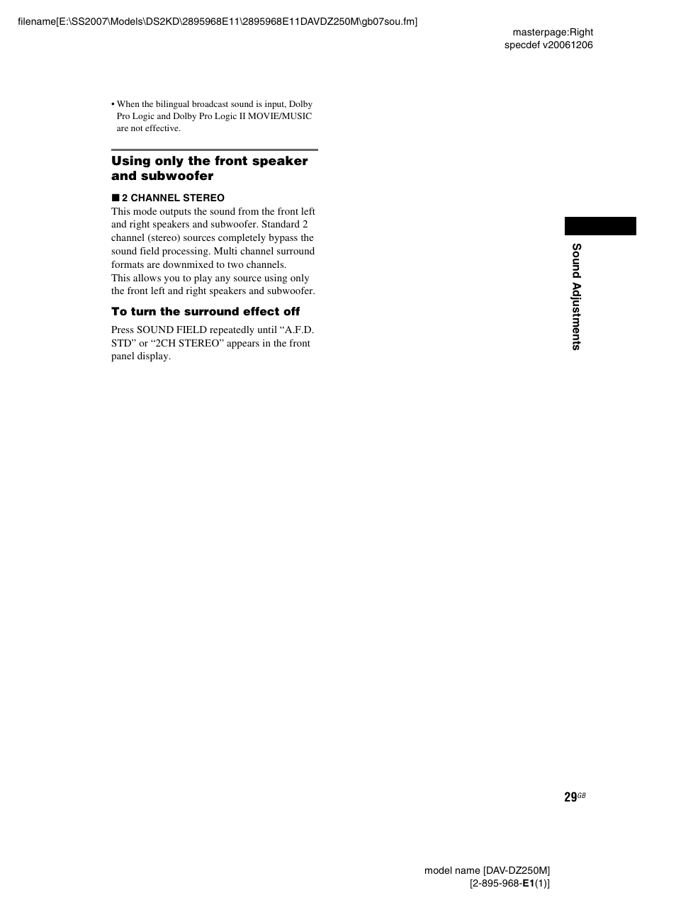 Using only the front speaker and subwoofer | Sony DAV-DZ250M User Manual | Page 29 / 104