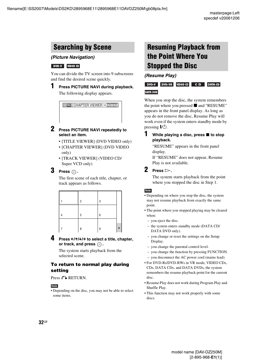Searching by scene, Picture navigation), Resuming playback from the point where | You stopped the disc (resume play) | Sony DAV-DZ250M User Manual | Page 32 / 104