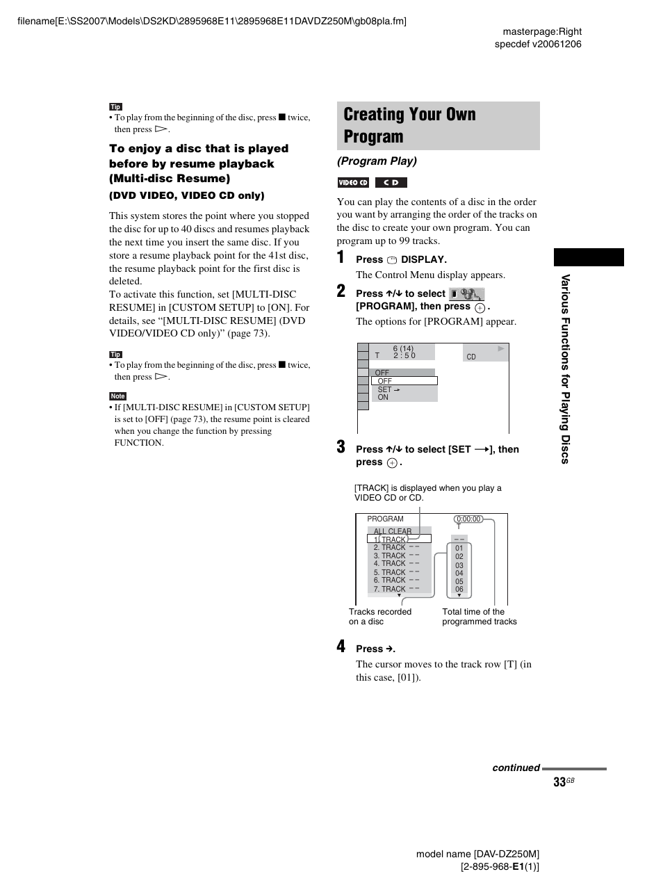 Creating your own program, Program play) | Sony DAV-DZ250M User Manual | Page 33 / 104