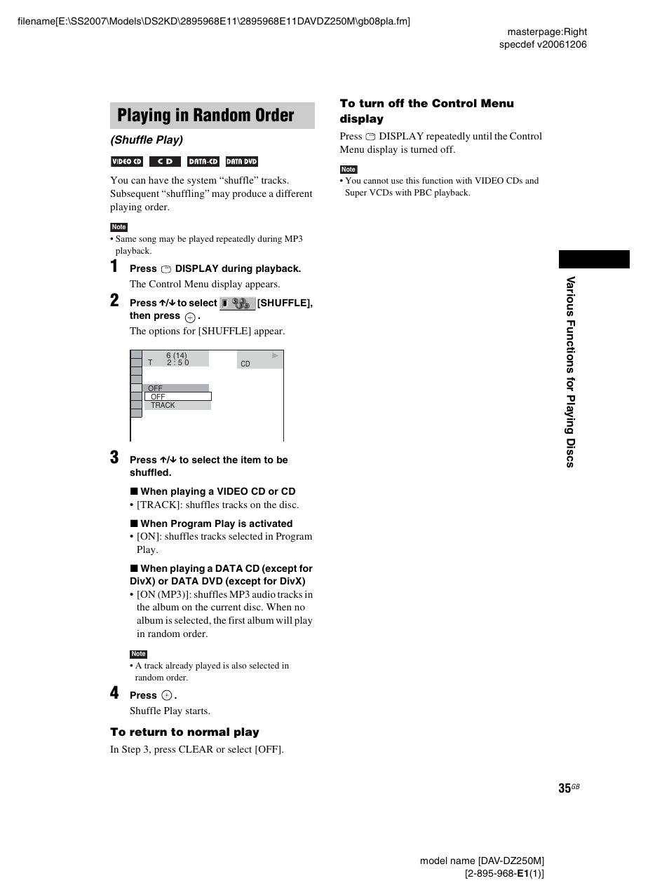 Playing in random order, Shuffle play) | Sony DAV-DZ250M User Manual | Page 35 / 104