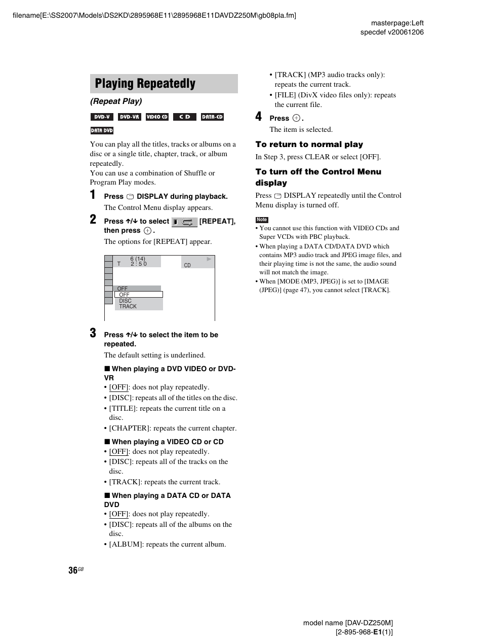 Playing repeatedly, Repeat play) | Sony DAV-DZ250M User Manual | Page 36 / 104