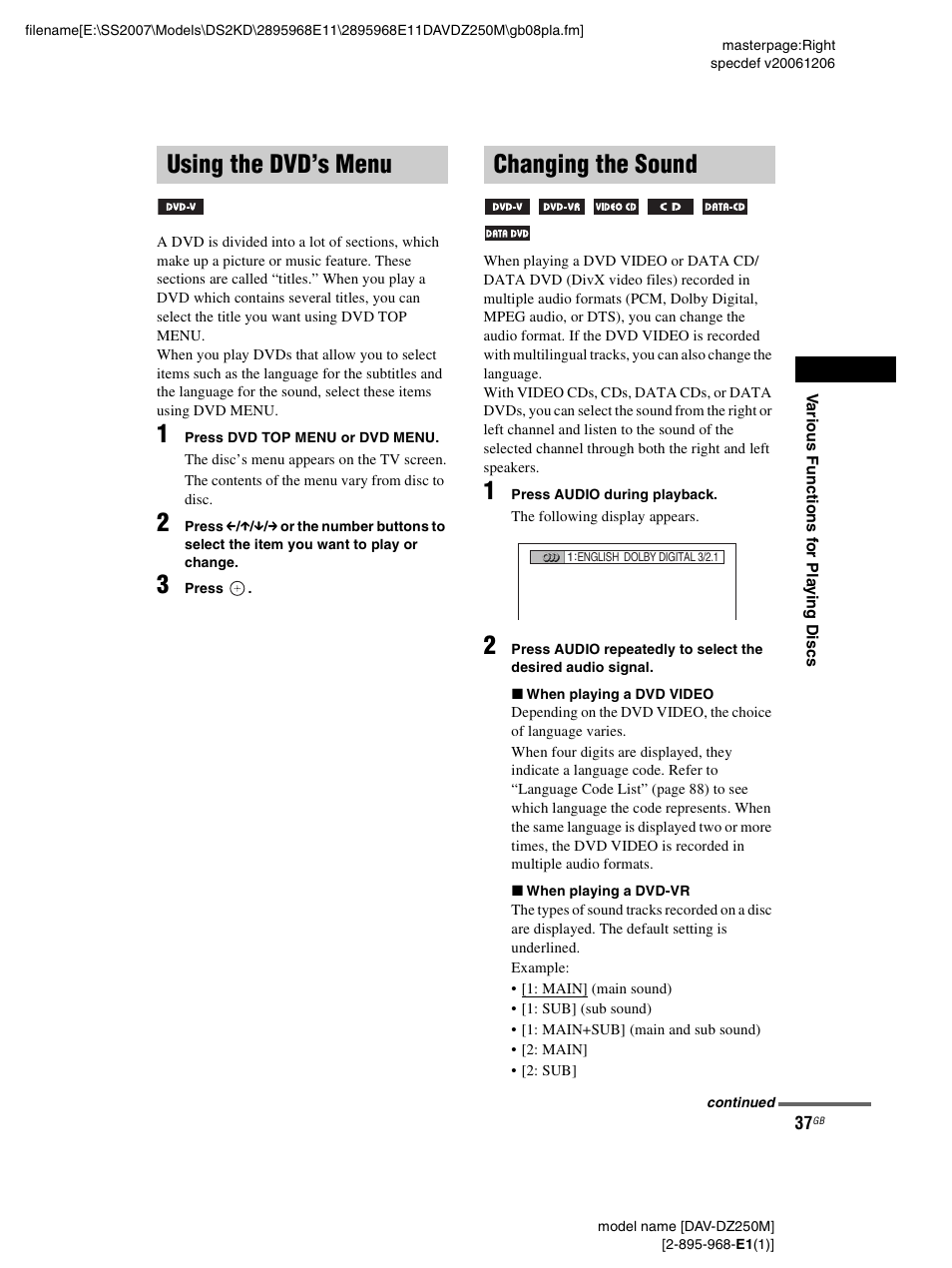 Using the dvd’s menu, Changing the sound, Using the dvd’s menu changing the sound | Sony DAV-DZ250M User Manual | Page 37 / 104