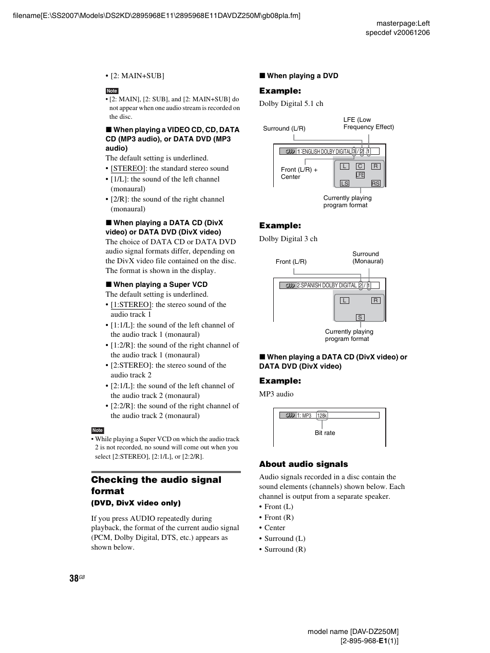 Checking the audio signal format | Sony DAV-DZ250M User Manual | Page 38 / 104