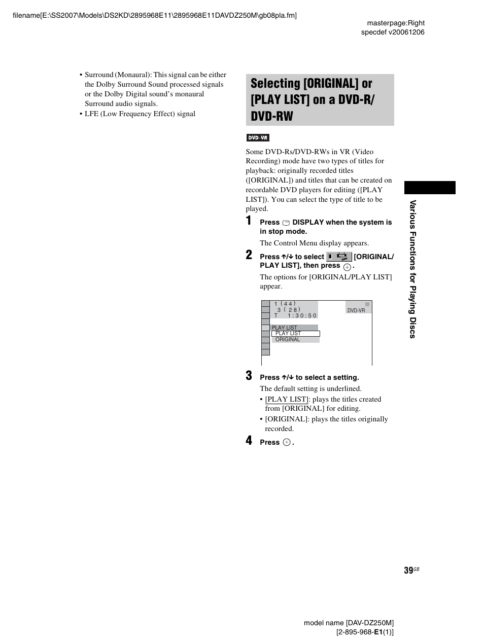 Selecting [original] or [play list, On a dvd-r/dvd-rw | Sony DAV-DZ250M User Manual | Page 39 / 104