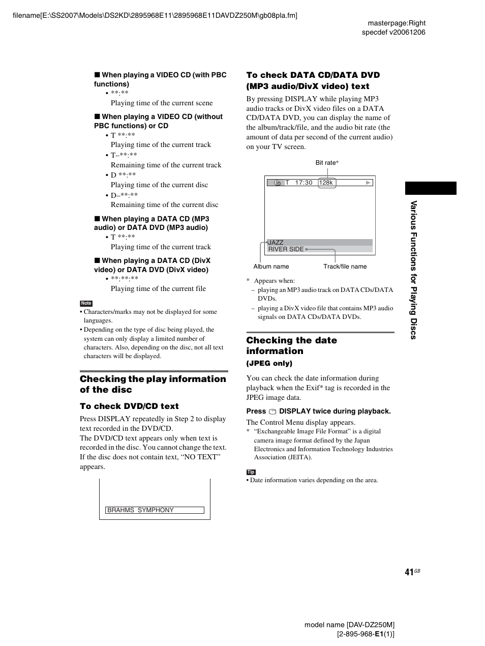 Checking the play information of the disc, Checking the date information | Sony DAV-DZ250M User Manual | Page 41 / 104