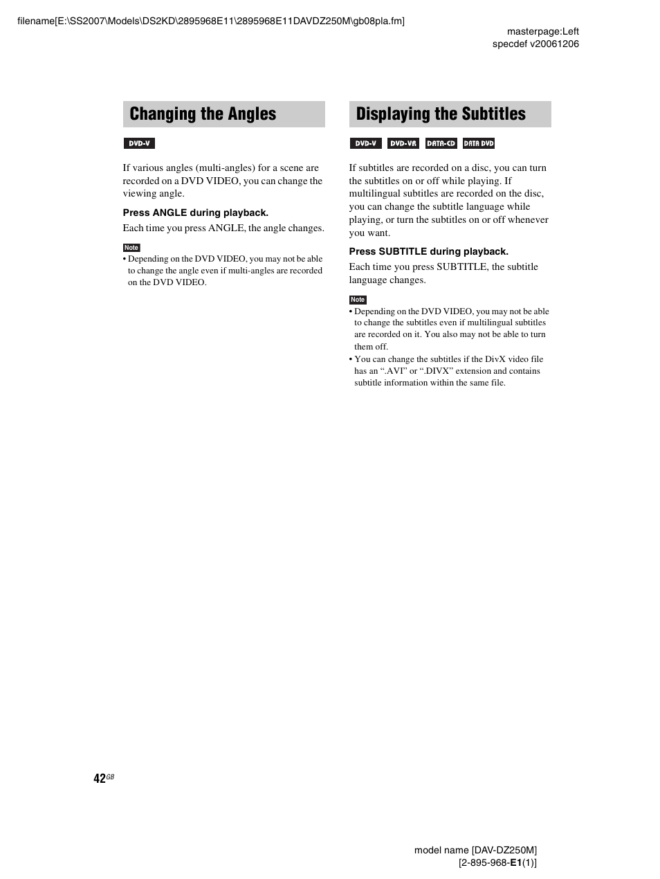 Changing the angles, Displaying the subtitles, Changing the angles displaying the subtitles | Sony DAV-DZ250M User Manual | Page 42 / 104