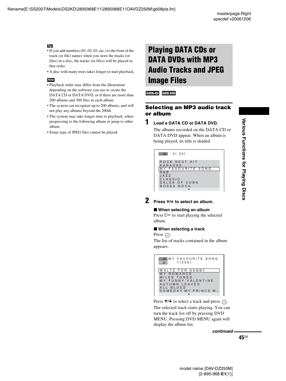 Selecting an mp3 audio track or album, Playing data cds or data dvds with, Mp3 audio tracks and jpeg image files | Sony DAV-DZ250M User Manual | Page 45 / 104