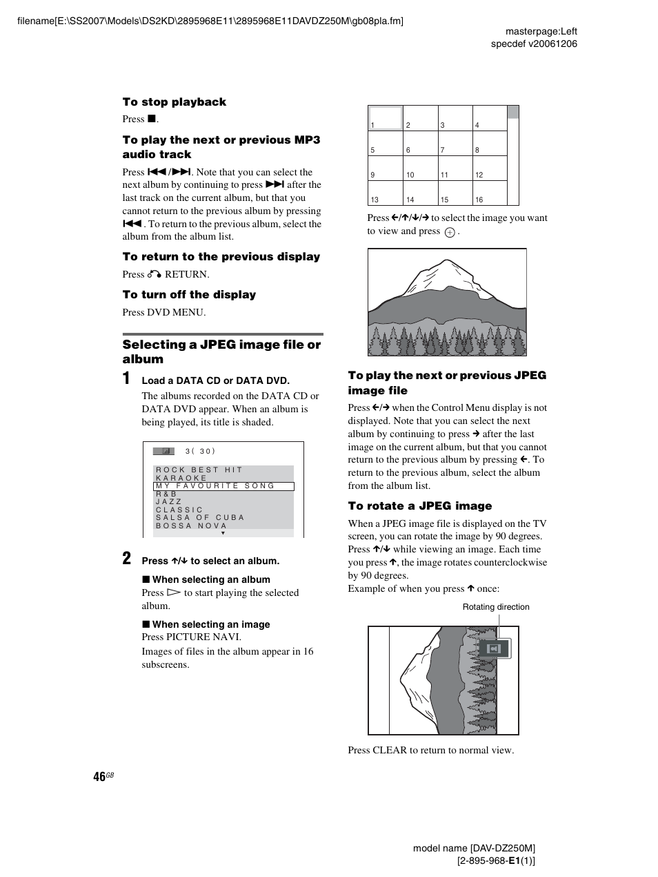 Selecting a jpeg image file or album | Sony DAV-DZ250M User Manual | Page 46 / 104