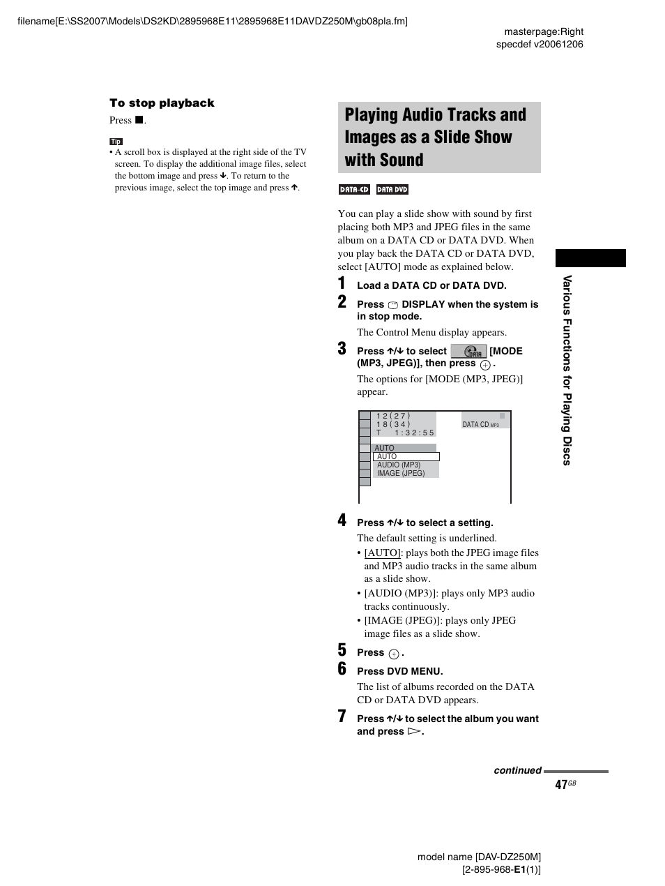 Playing audio tracks and images as a, Slide show with sound | Sony DAV-DZ250M User Manual | Page 47 / 104