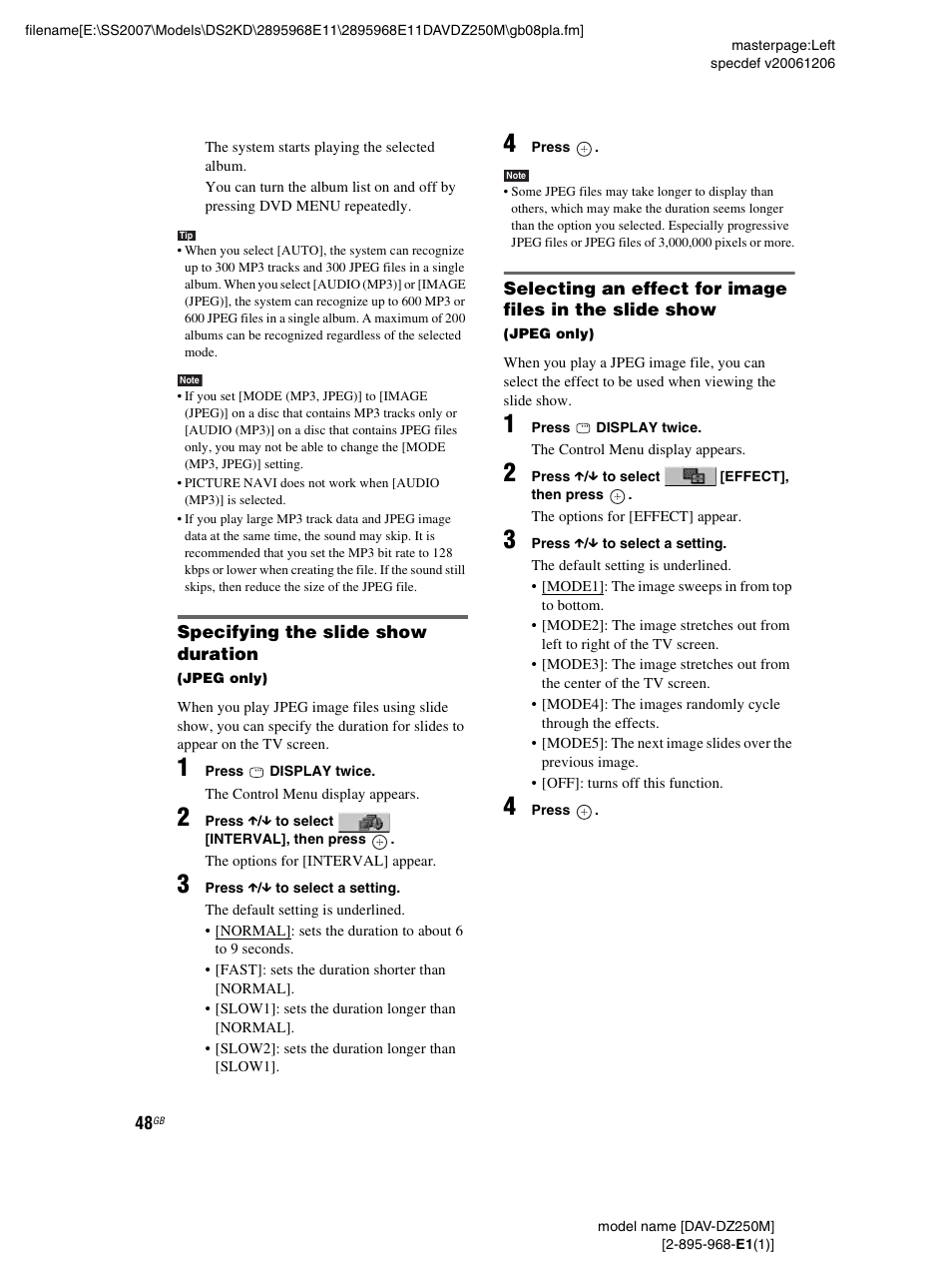 Specifying the slide show duration | Sony DAV-DZ250M User Manual | Page 48 / 104