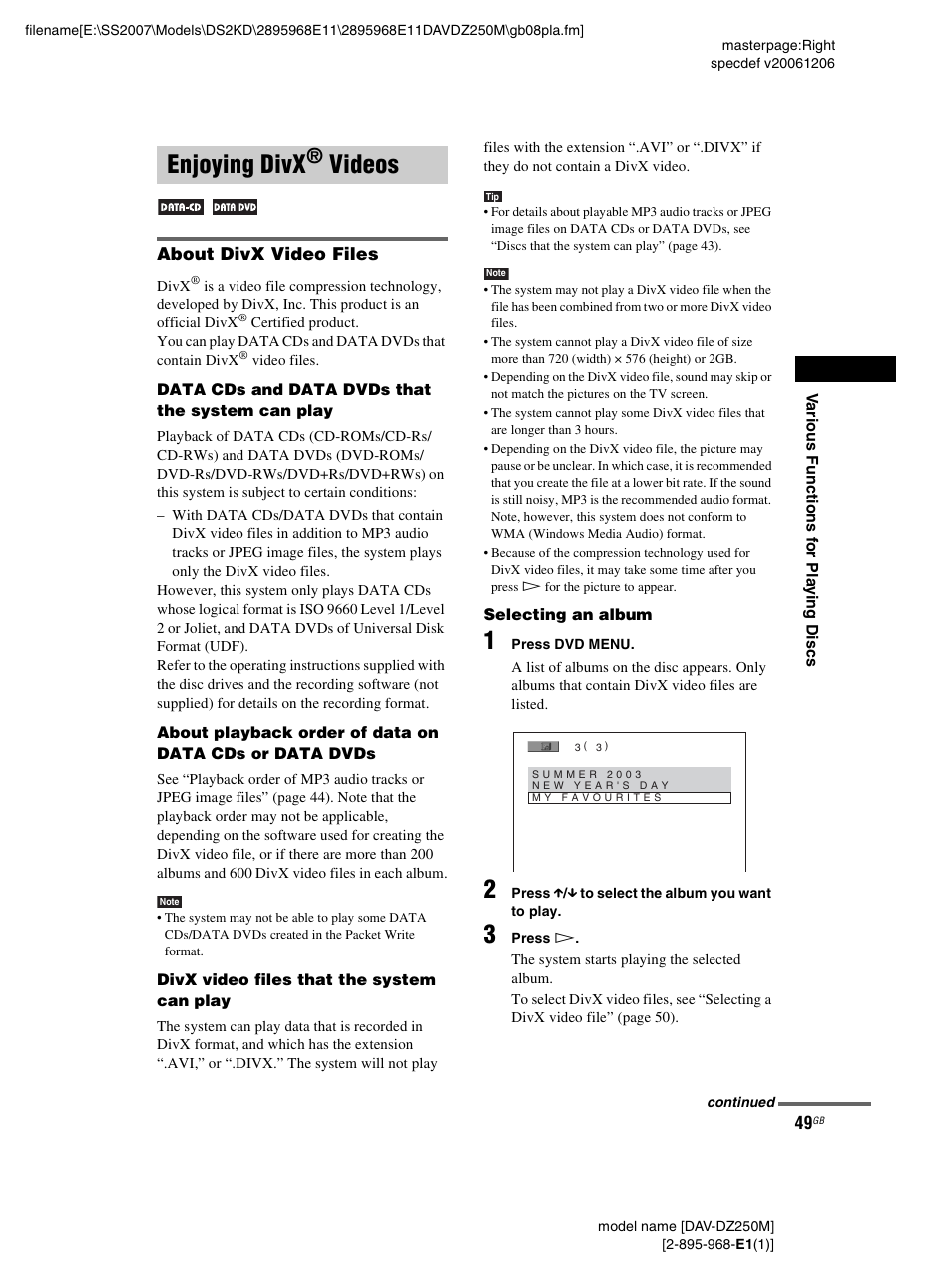 Enjoying divx® videos, About divx video files, Enjoying divx | Videos | Sony DAV-DZ250M User Manual | Page 49 / 104