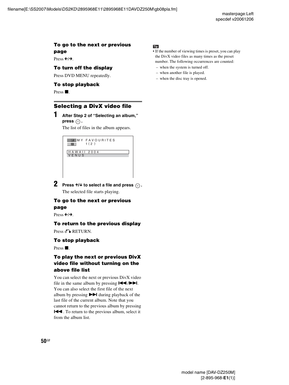 Selecting a divx video file | Sony DAV-DZ250M User Manual | Page 50 / 104