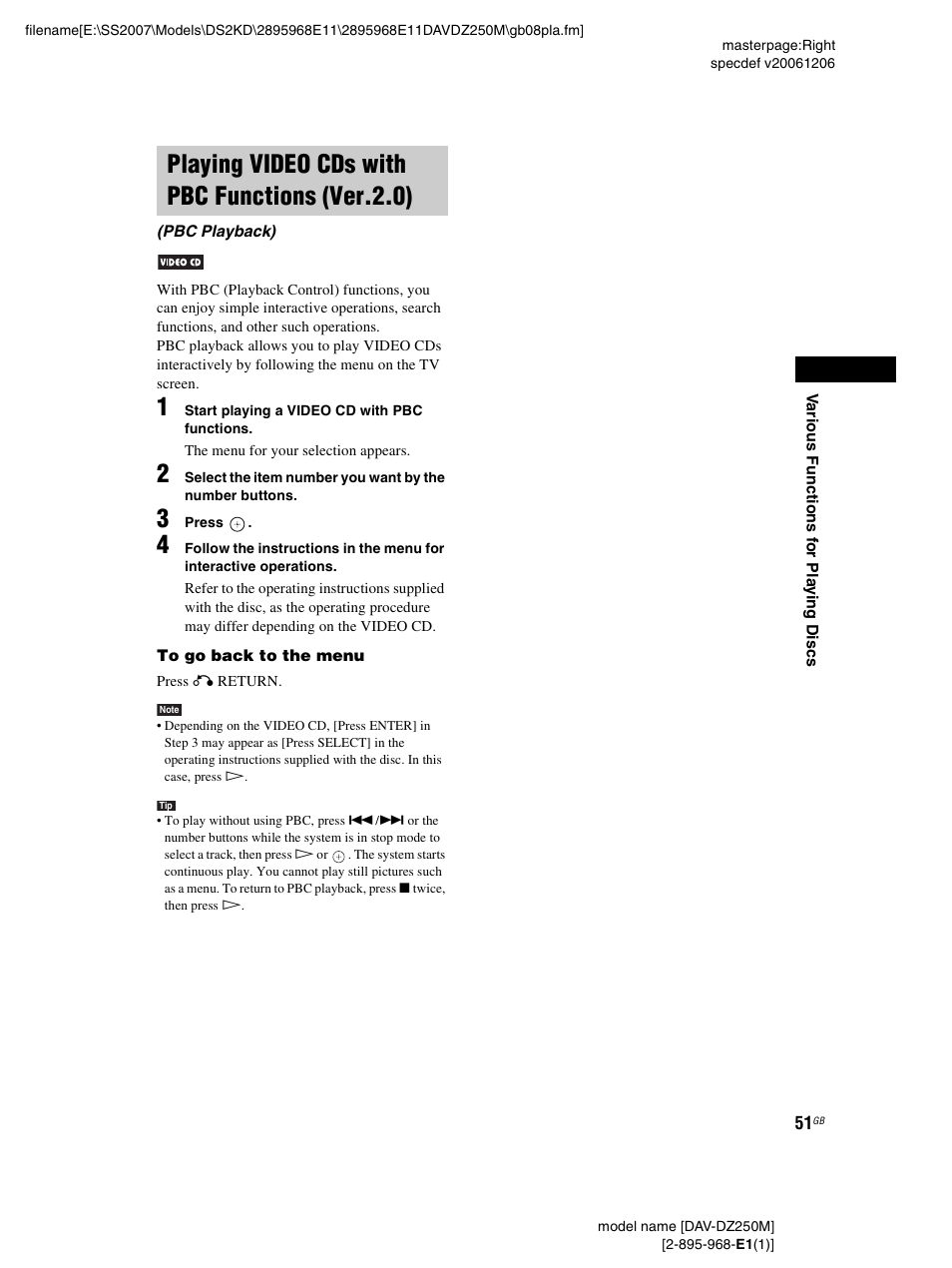 Playing video cds with pbc functions (ver.2.0), Playing video cds with pbc functions, Ver.2.0) (pbc playback) | Sony DAV-DZ250M User Manual | Page 51 / 104