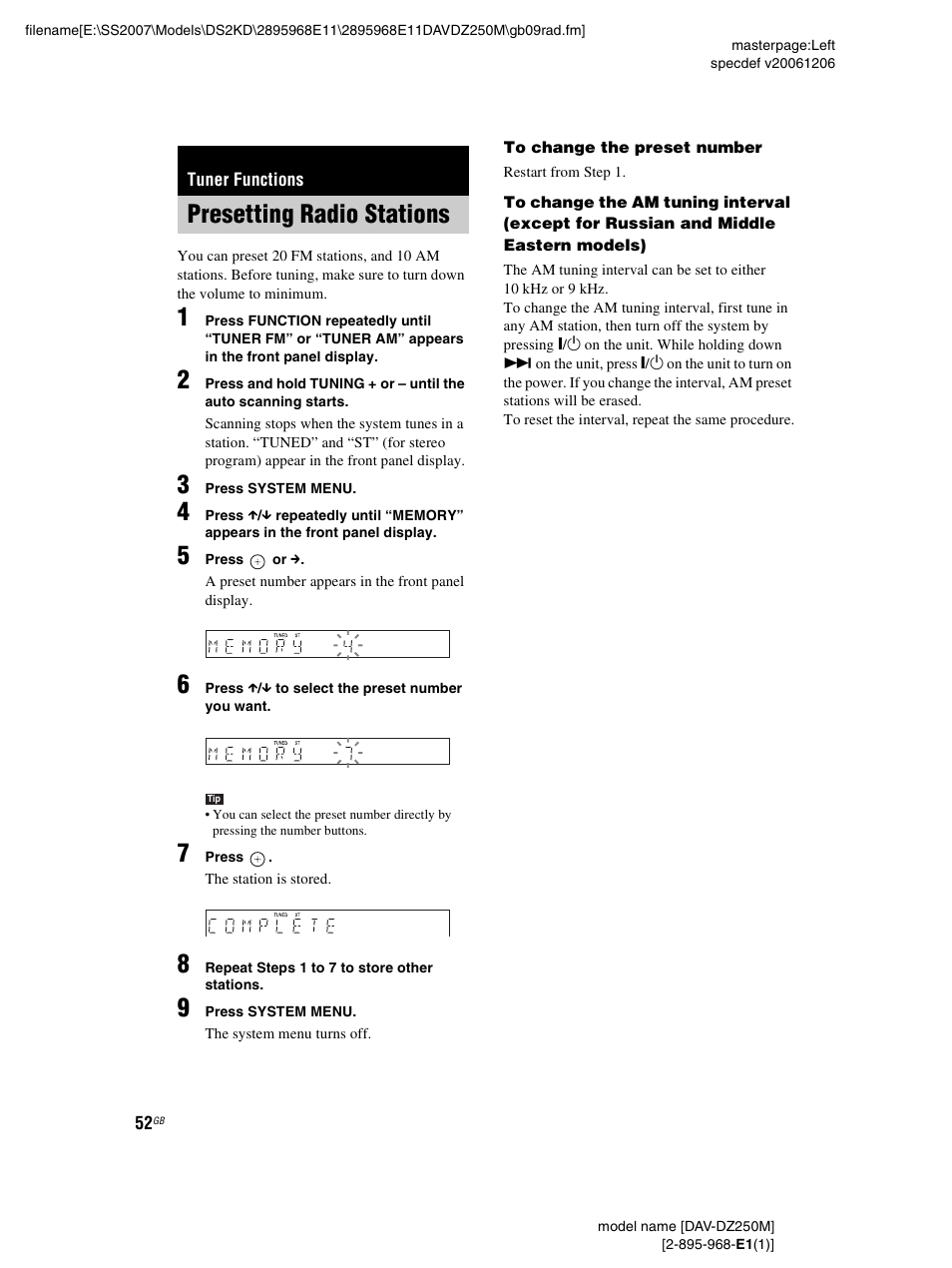 Tuner functions, Presetting radio stations | Sony DAV-DZ250M User Manual | Page 52 / 104