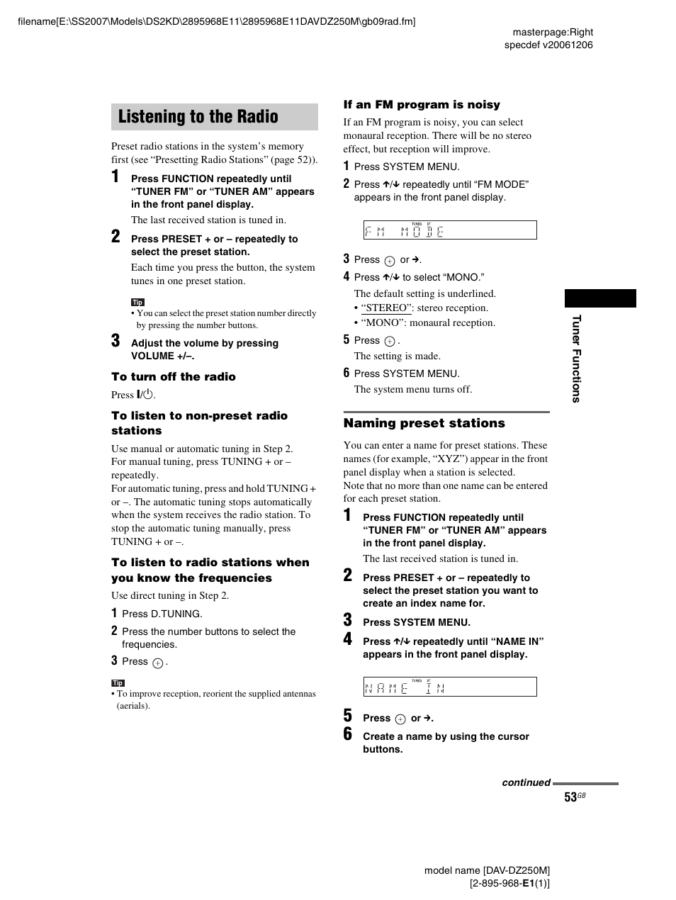 Listening to the radio, Naming preset stations | Sony DAV-DZ250M User Manual | Page 53 / 104