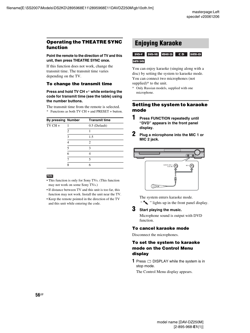 Operating the theatre sync function, Enjoying karaoke, Setting the system to karaoke mode | Sony DAV-DZ250M User Manual | Page 56 / 104
