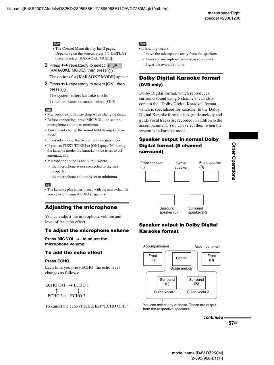Adjusting the microphone, Dolby digital karaoke format | Sony DAV-DZ250M User Manual | Page 57 / 104