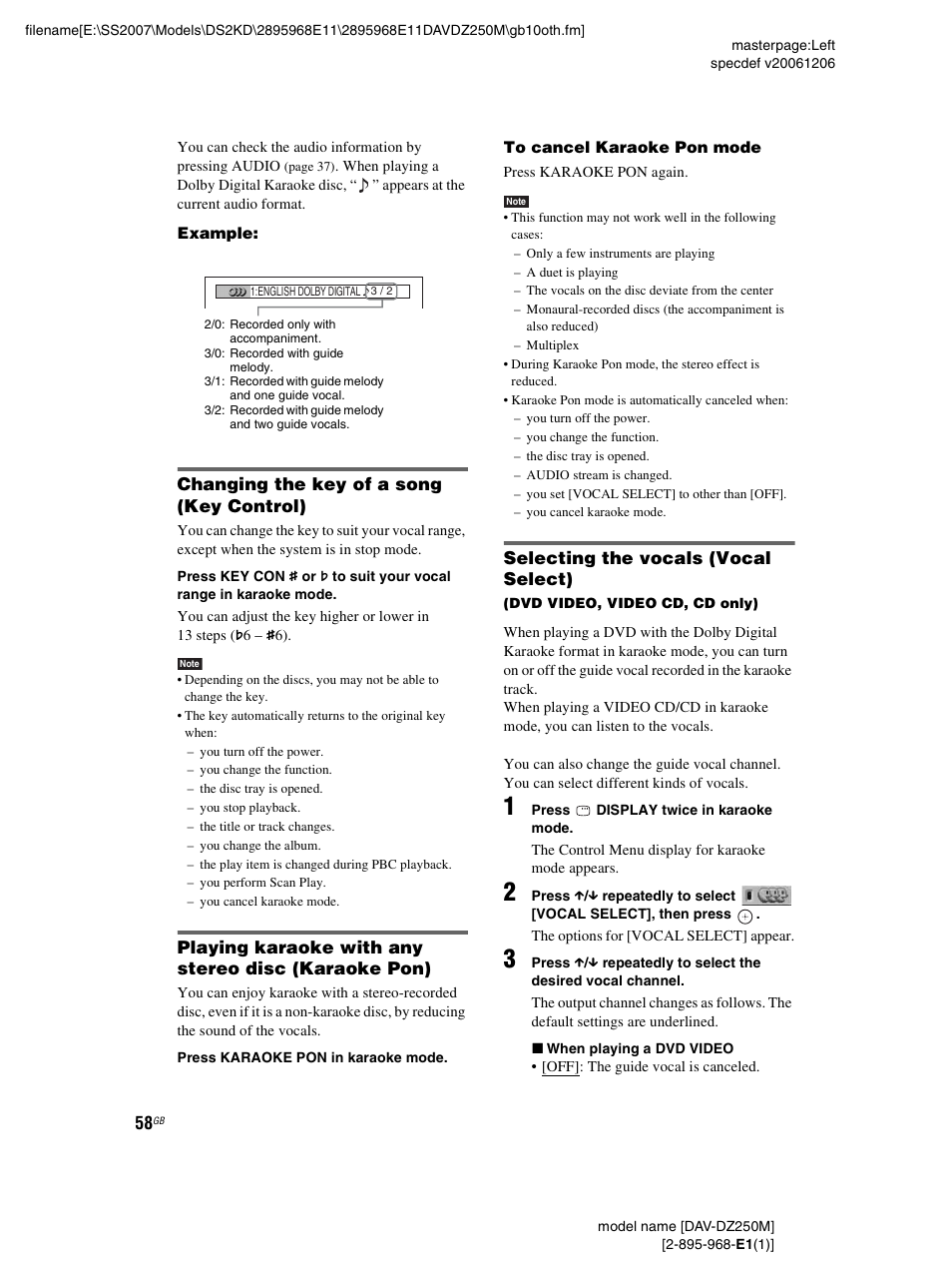 Changing the key of a song (key control), Playing karaoke with any stereo disc (karaoke pon), Selecting the vocals (vocal select) | Sony DAV-DZ250M User Manual | Page 58 / 104
