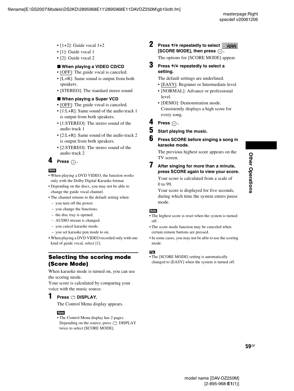 Selecting the scoring mode (score mode) | Sony DAV-DZ250M User Manual | Page 59 / 104