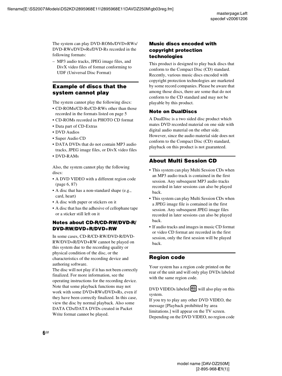 Example of discs that the system cannot play, About multi session cd, Region code | Sony DAV-DZ250M User Manual | Page 6 / 104