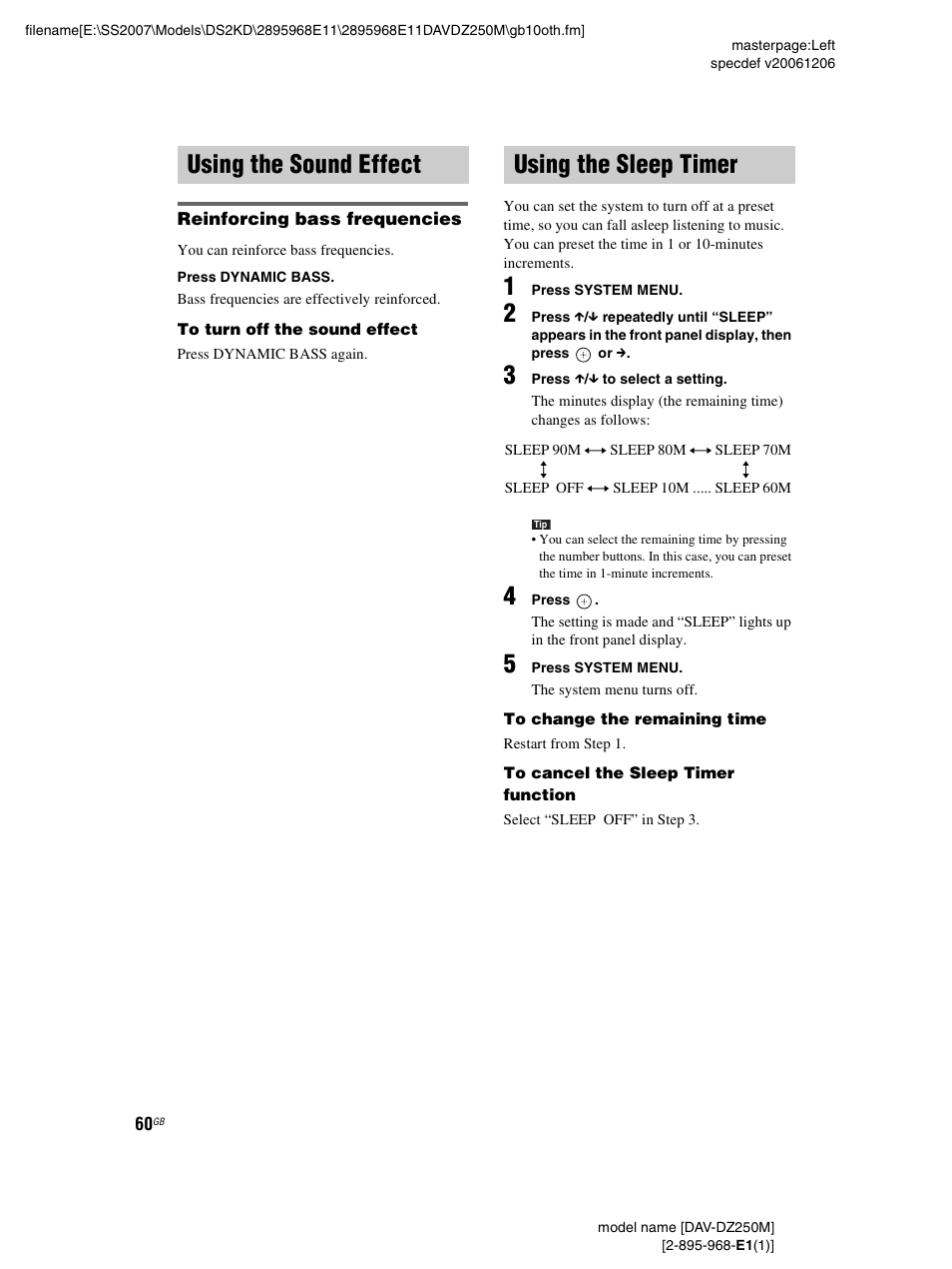 Using the sound effect, Reinforcing bass frequencies, Using the sleep timer | Using the sound effect using the sleep timer | Sony DAV-DZ250M User Manual | Page 60 / 104