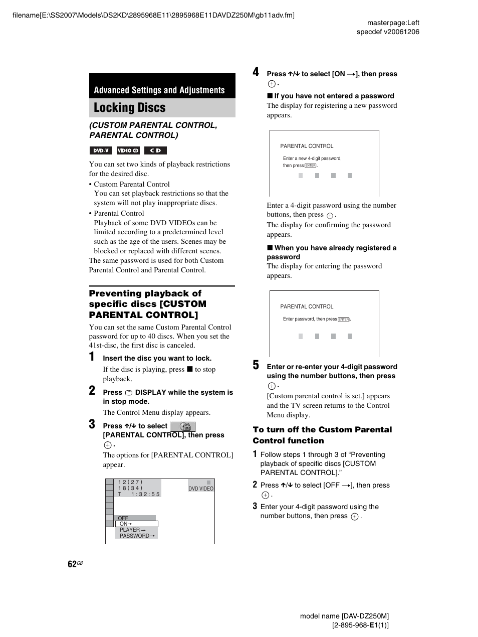 Advanced settings and adjustments, Locking discs, Custom parental control, parental control) | Sony DAV-DZ250M User Manual | Page 62 / 104