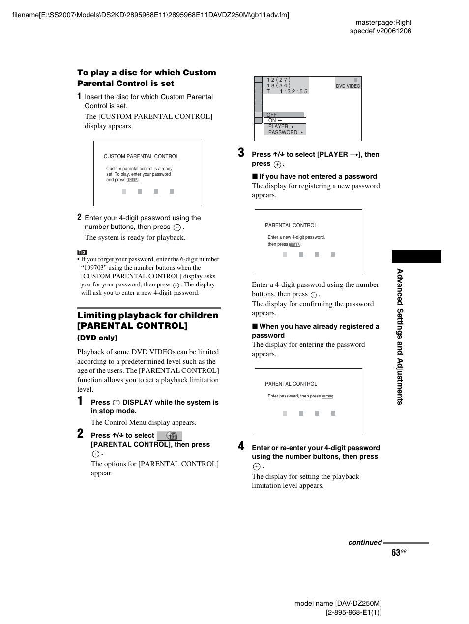 Limiting playback for children [parental control | Sony DAV-DZ250M User Manual | Page 63 / 104