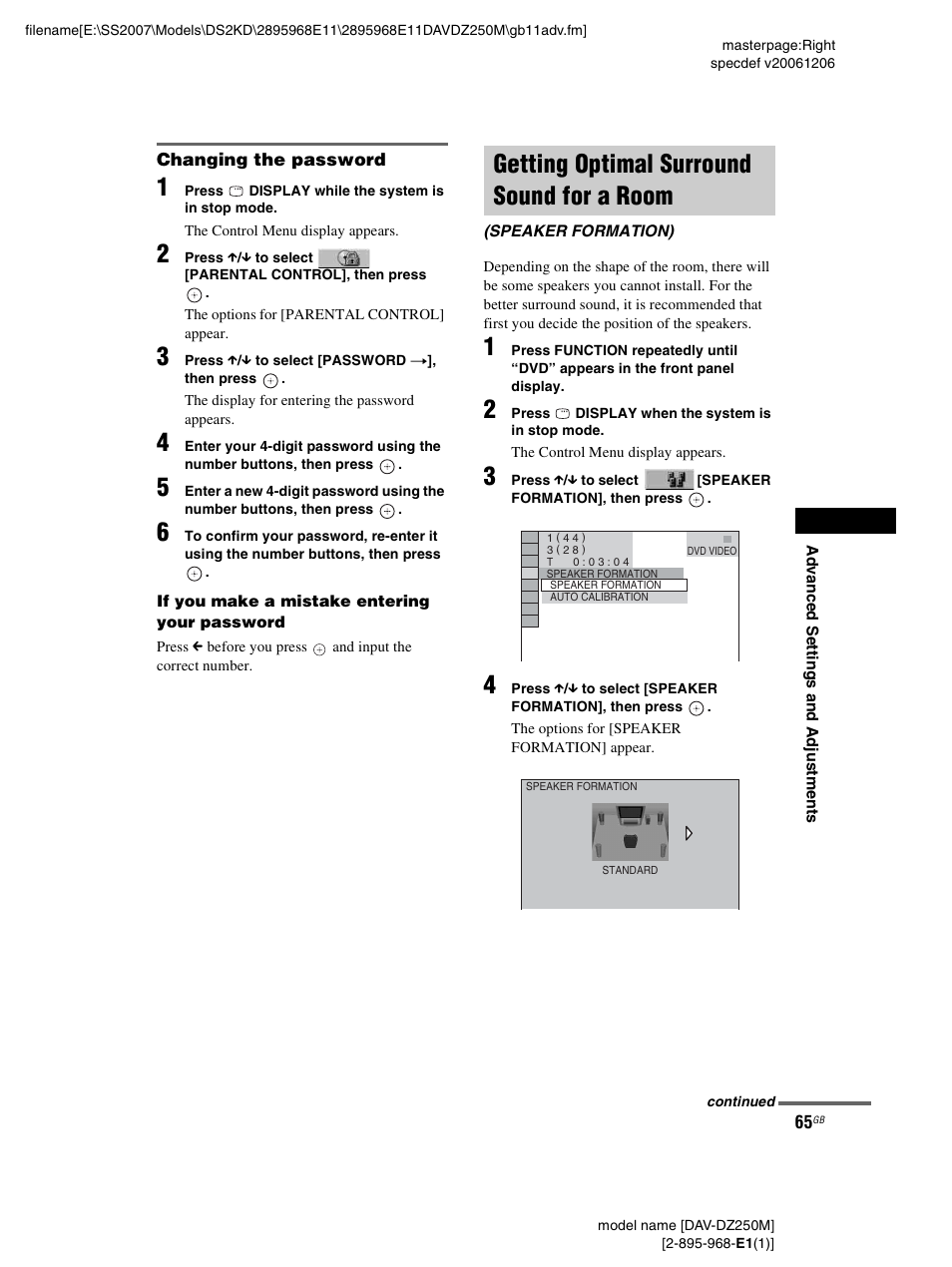 Changing the password, Getting optimal surround sound for a room, Getting optimal surround sound for a | Room (speaker formation) | Sony DAV-DZ250M User Manual | Page 65 / 104