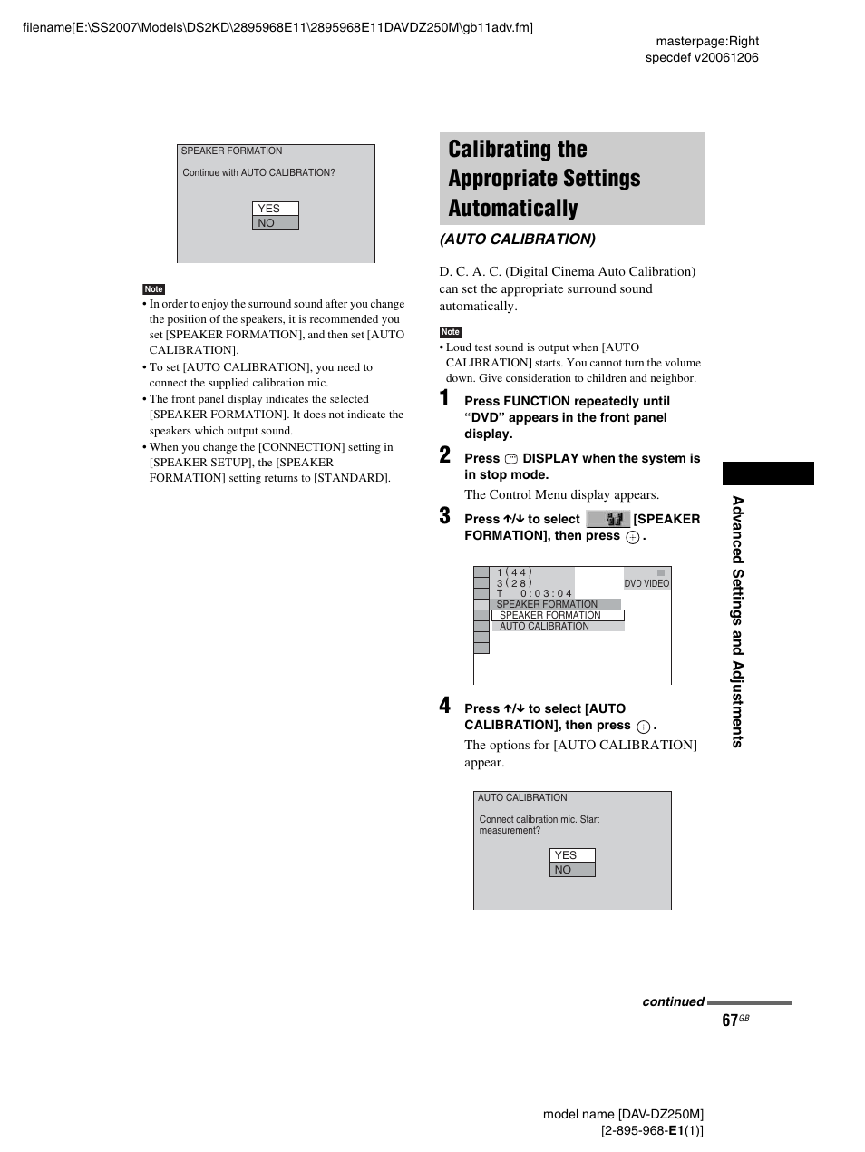 Calibrating the appropriate settings automatically, Calibrating the appropriate settings, Automatically (auto calibration) | Sony DAV-DZ250M User Manual | Page 67 / 104