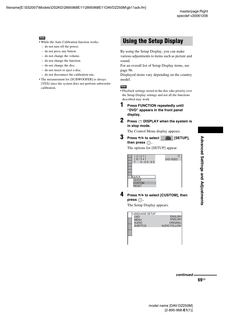 Using the setup display, Using | Sony DAV-DZ250M User Manual | Page 69 / 104