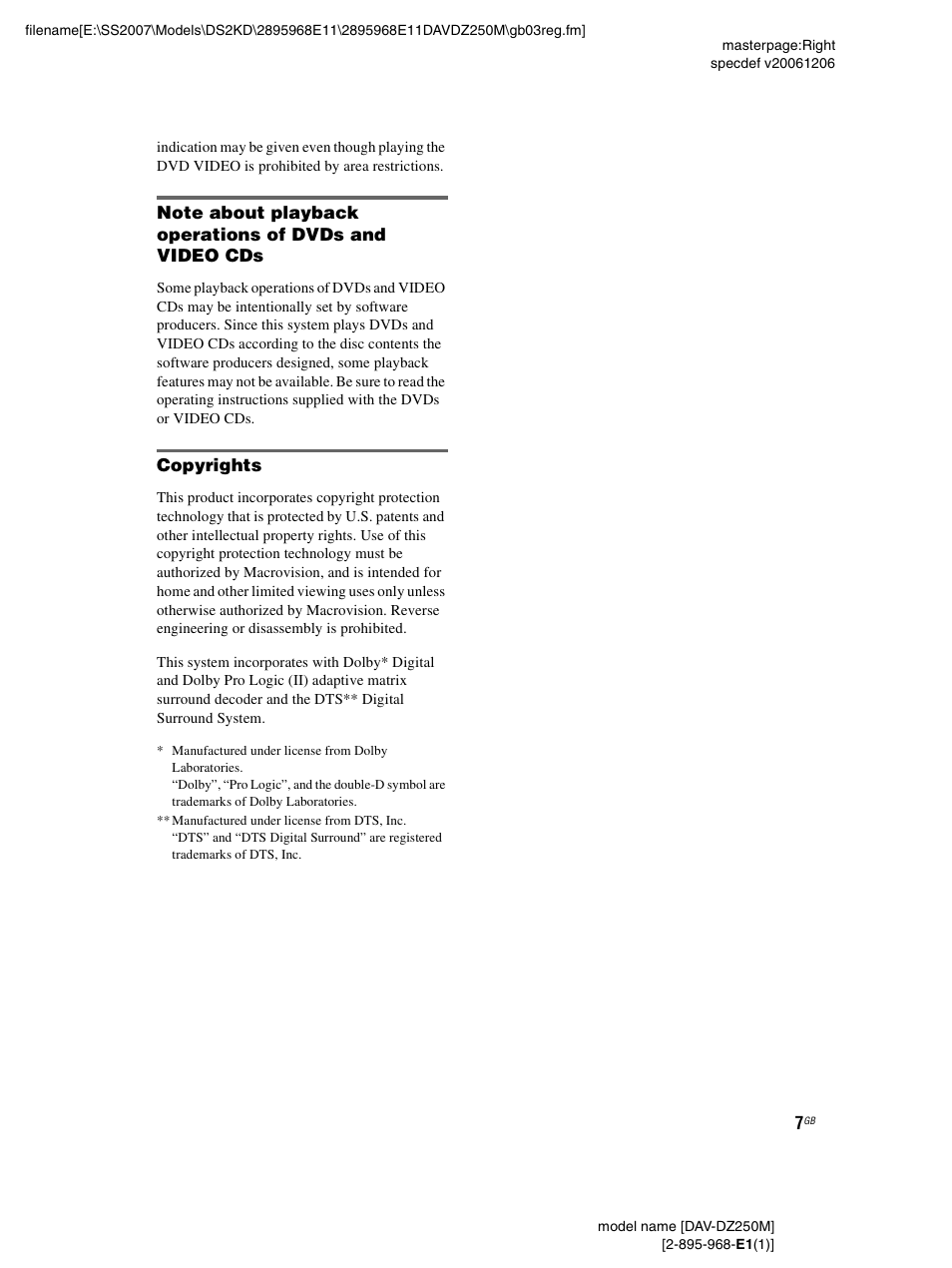 Copyrights | Sony DAV-DZ250M User Manual | Page 7 / 104