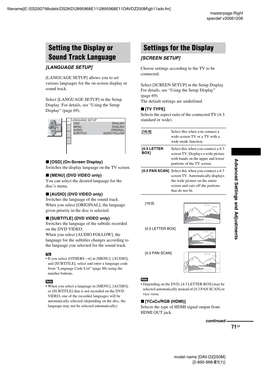 Setting the display or sound track language, Settings for the display, Setting the display or sound track | Language [language setup, Screen setup | Sony DAV-DZ250M User Manual | Page 71 / 104