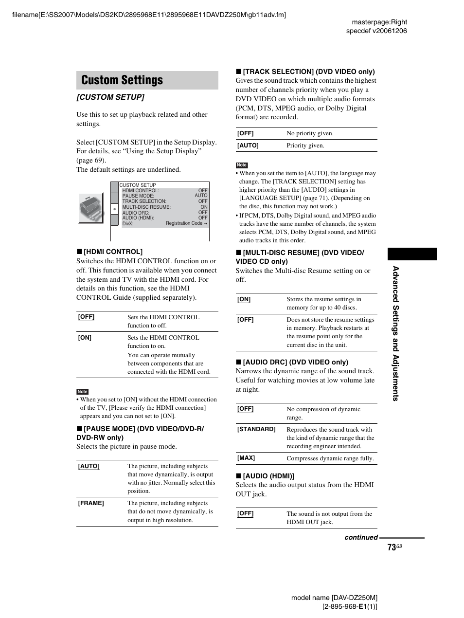 Custom settings, Custom setup | Sony DAV-DZ250M User Manual | Page 73 / 104