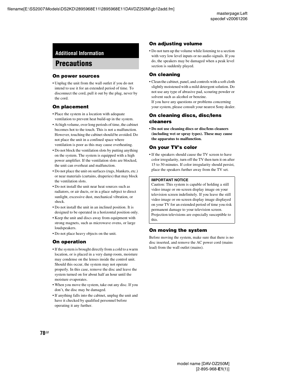 Additional information, Precautions | Sony DAV-DZ250M User Manual | Page 78 / 104