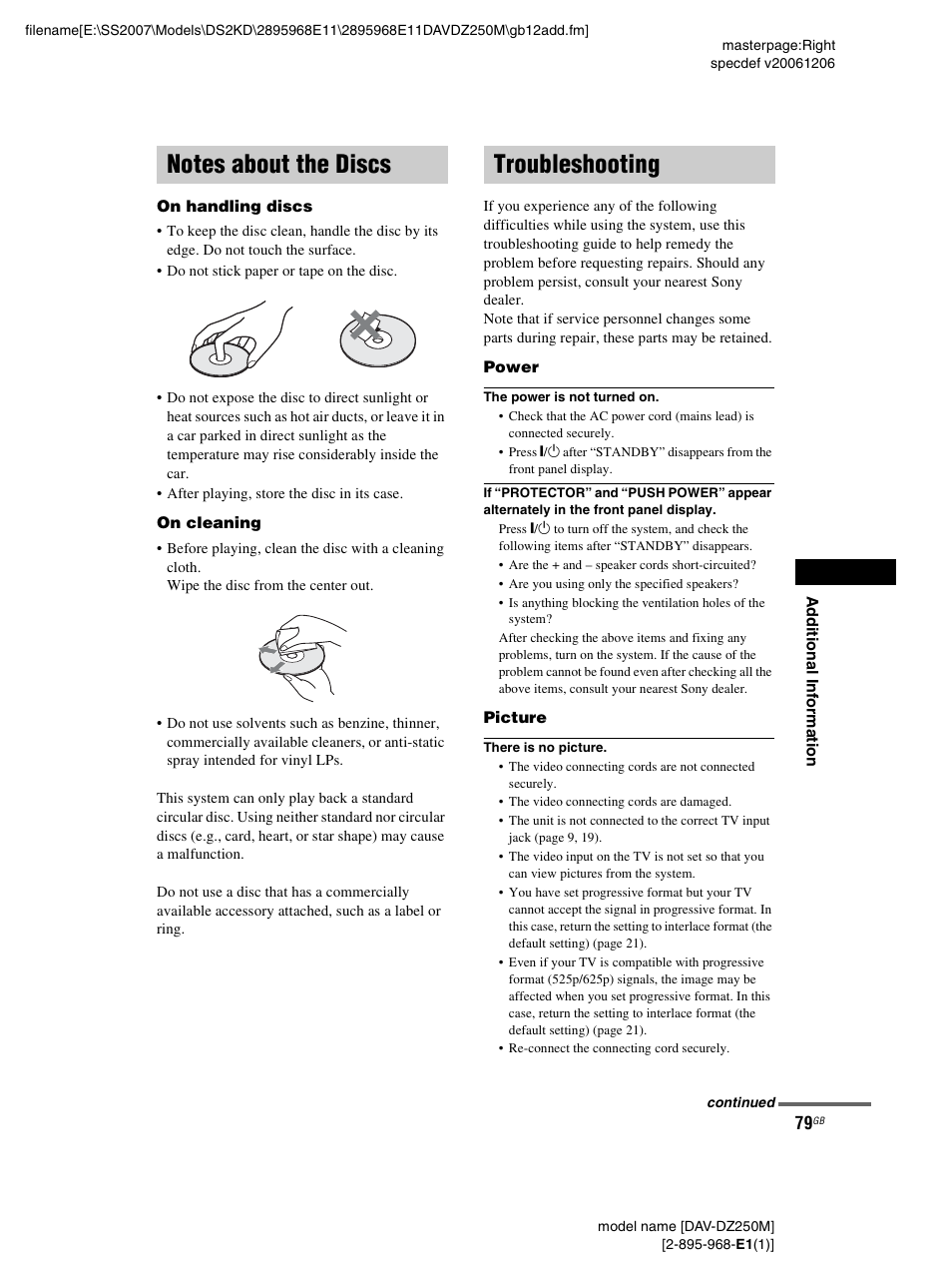 Notes about the discs, Troubleshooting, Notes about the discs troubleshooting | Sony DAV-DZ250M User Manual | Page 79 / 104