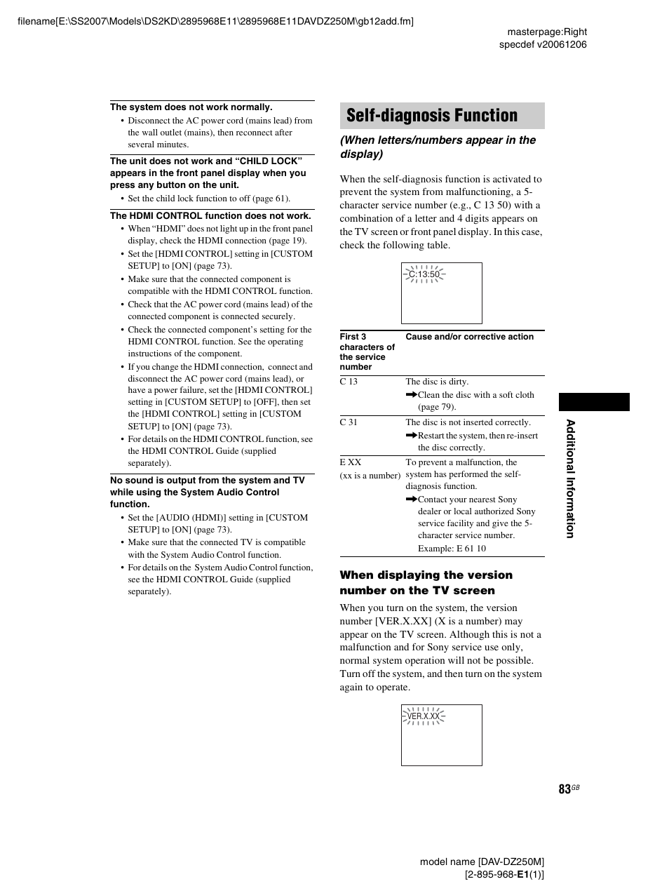 Self-diagnosis function, When letters/numbers appear in the display) | Sony DAV-DZ250M User Manual | Page 83 / 104
