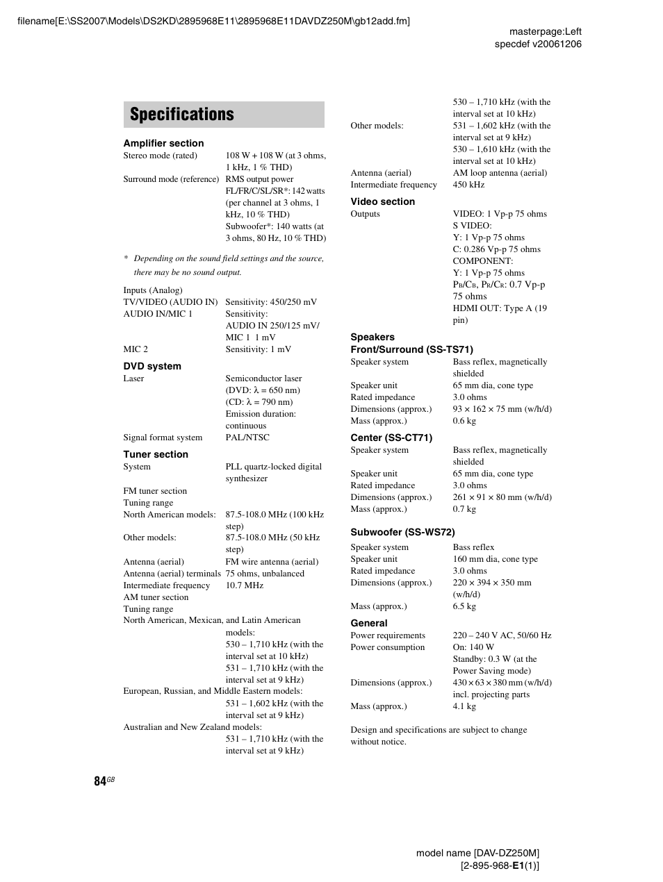 Specifications | Sony DAV-DZ250M User Manual | Page 84 / 104