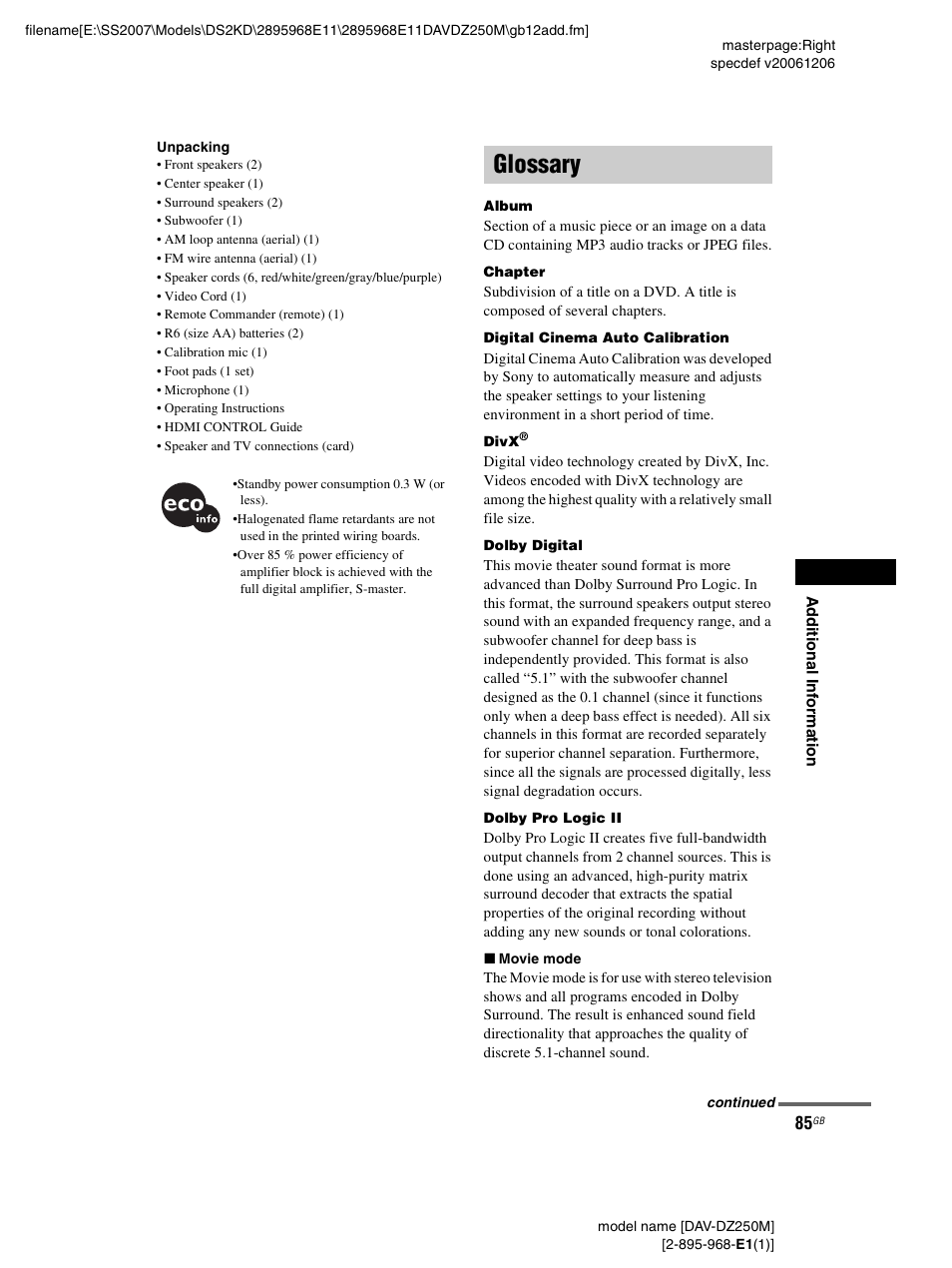 Glossary | Sony DAV-DZ250M User Manual | Page 85 / 104