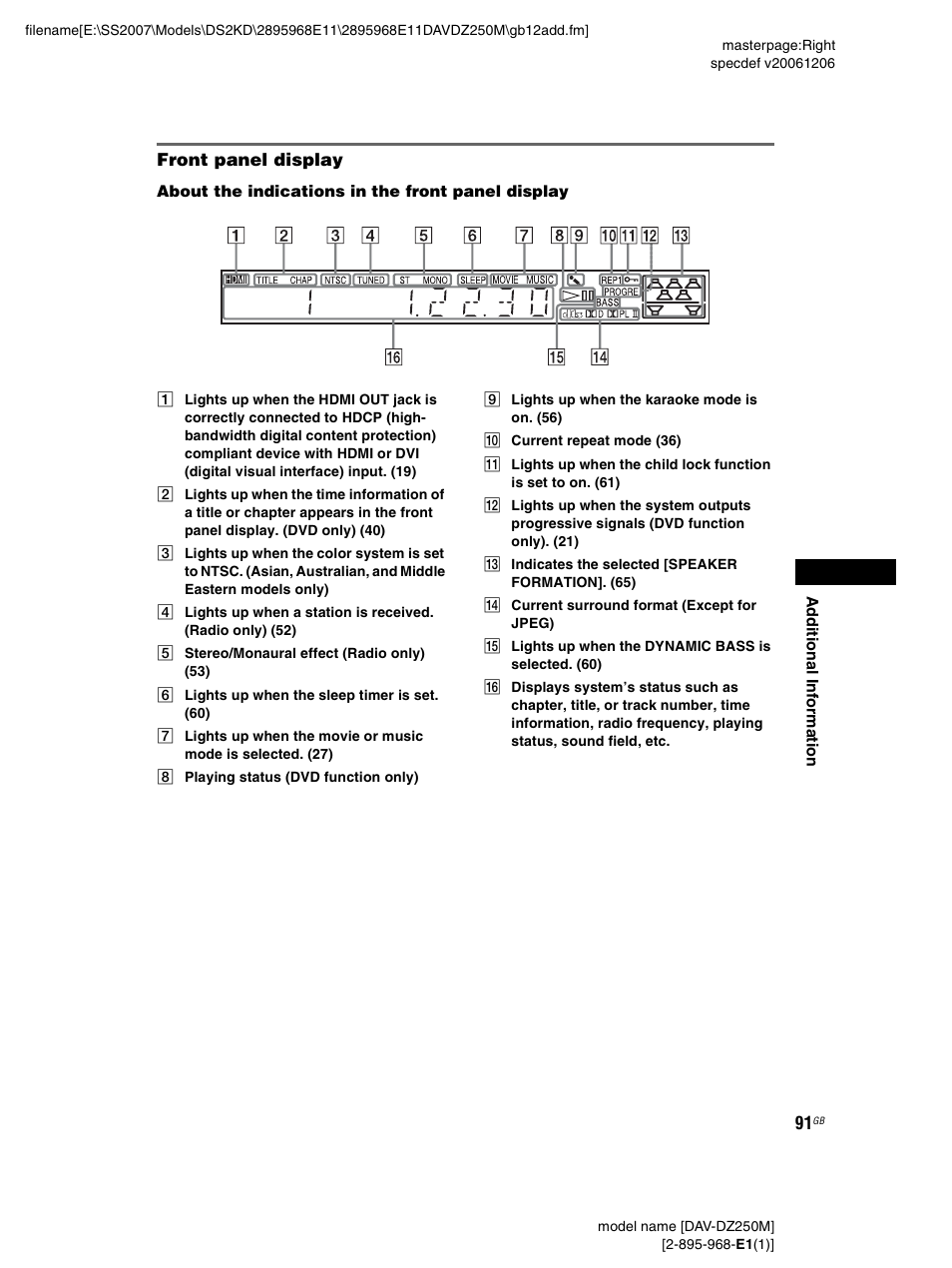 Front panel display | Sony DAV-DZ250M User Manual | Page 91 / 104