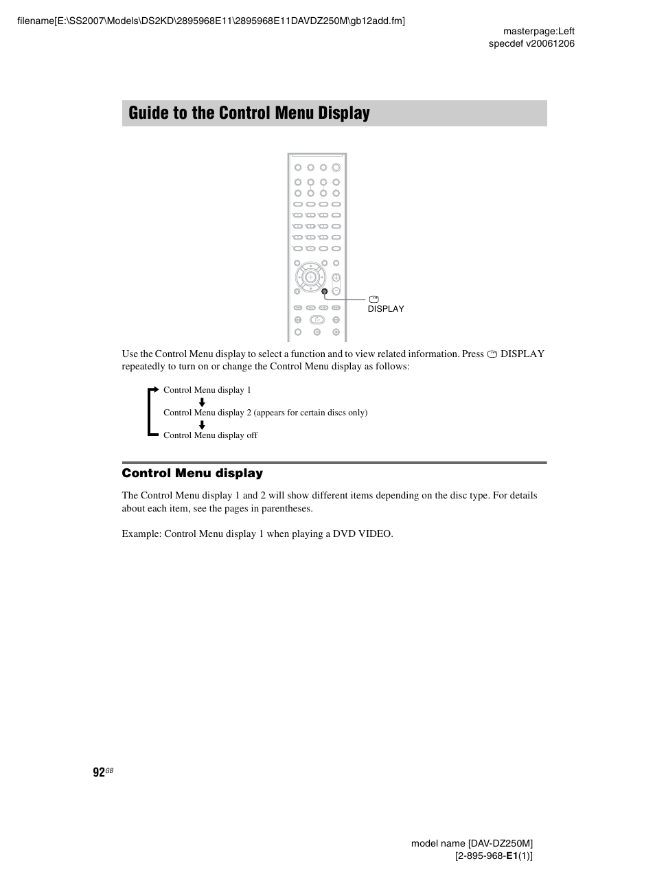 Guide to the control menu display, Control menu display | Sony DAV-DZ250M User Manual | Page 92 / 104