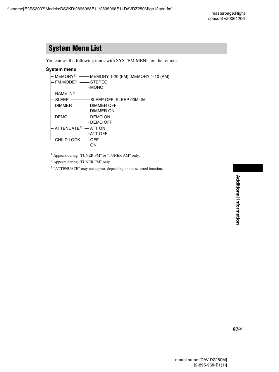System menu list | Sony DAV-DZ250M User Manual | Page 97 / 104