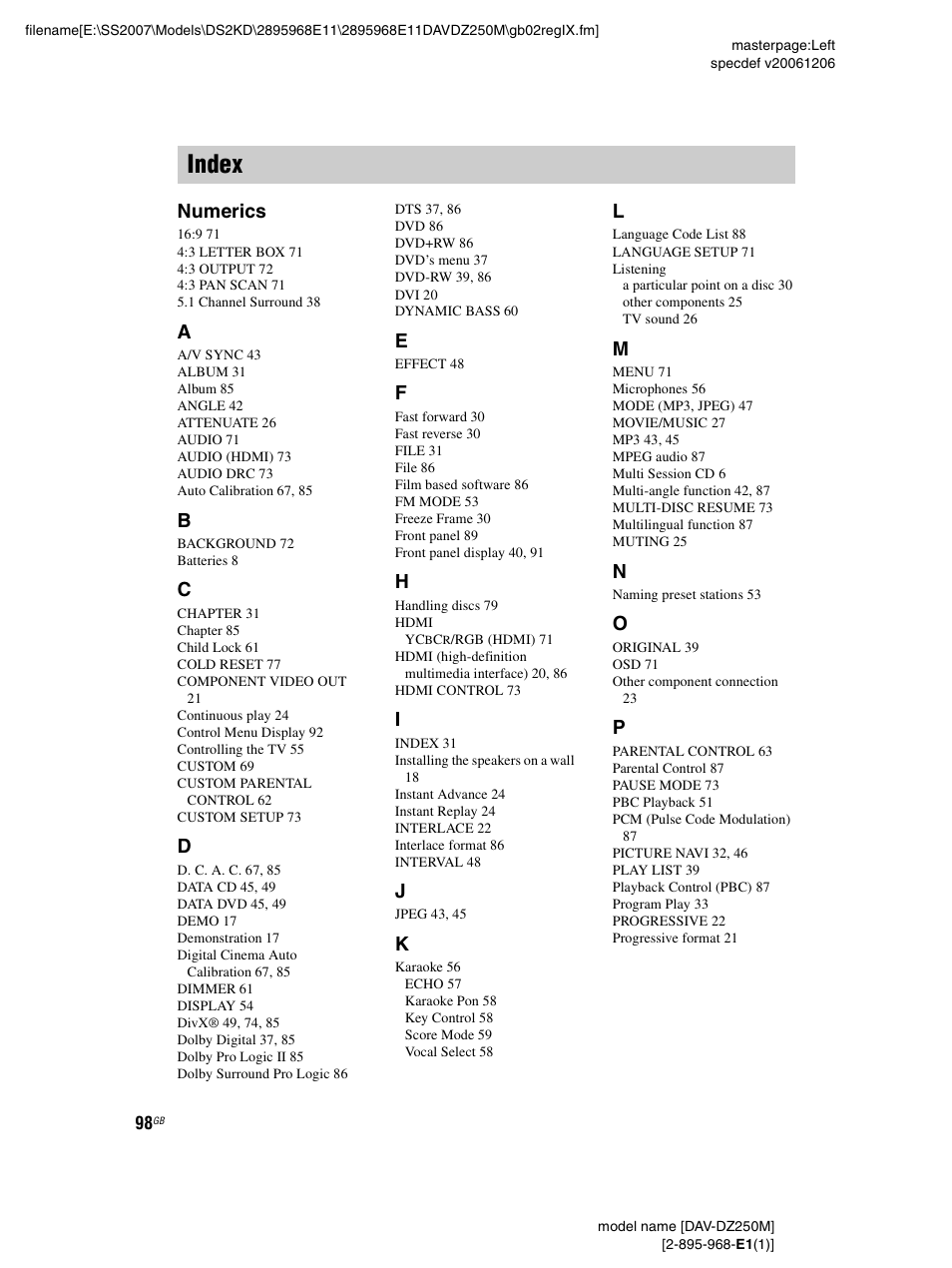 Index, Numerics | Sony DAV-DZ250M User Manual | Page 98 / 104