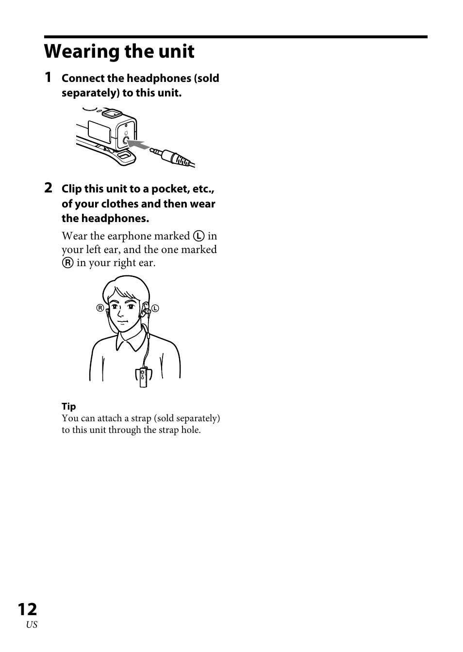 Wearing the unit | Sony DRC-BT30 User Manual | Page 12 / 56