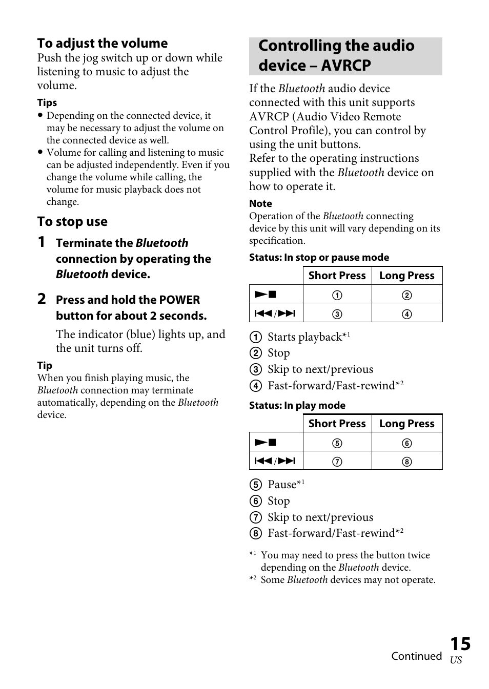 Controlling the audio device – avrcp, Controlling the audio device, Avrcp | Sony DRC-BT30 User Manual | Page 15 / 56